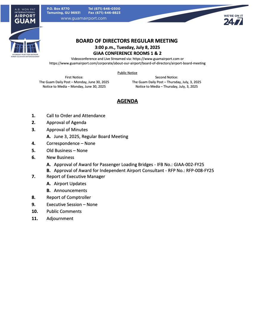 Regular Board Of Directors Meeting Agenda 20250702