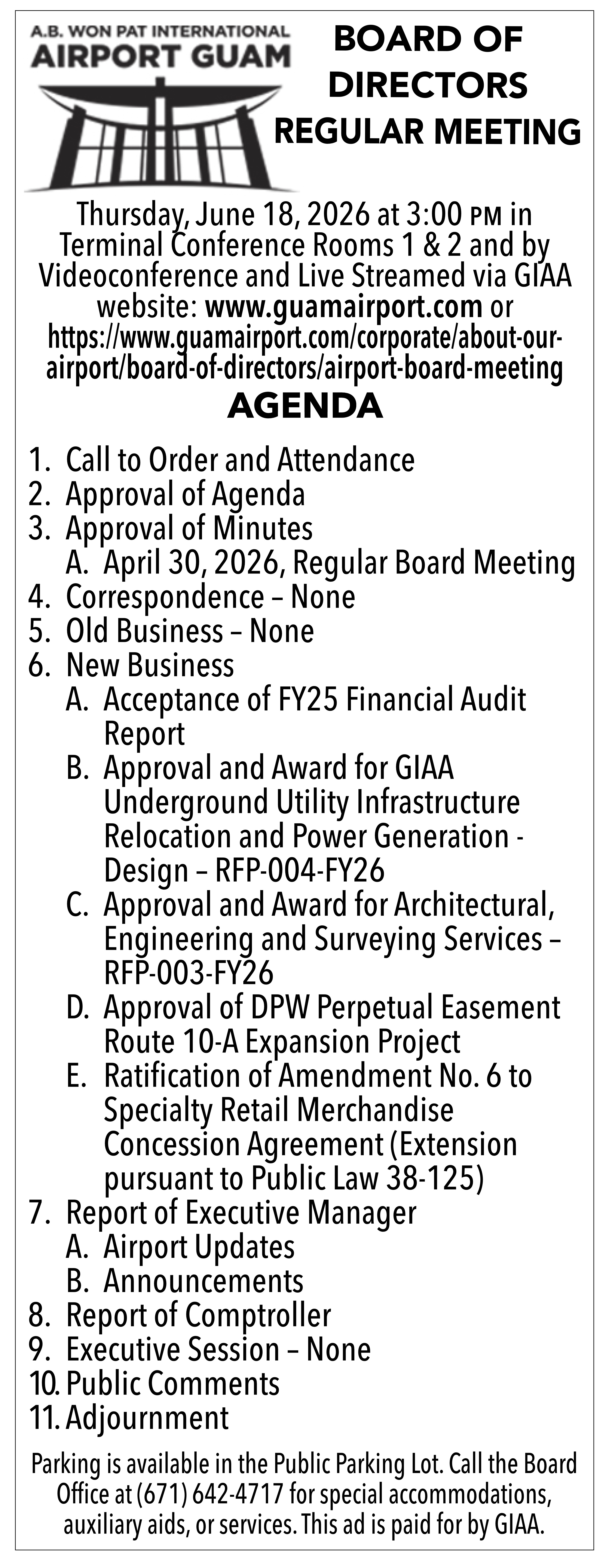 Regular Board Of Directors Meeting Agenda 20260616